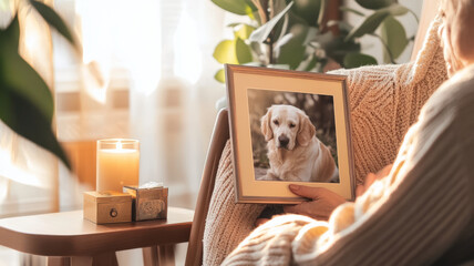 A serene room with soft light, a woman holding a framed photo of an old dog, surrounded by warm memories, symbolizing reflection and hope.