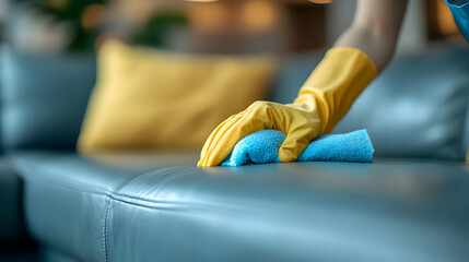 A person cleaning a leather sofa with a blue cloth.