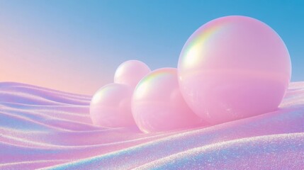 Modern Psychedelic Dreamy landscape in Y2K style. Banner in fantasy style with copy space. Gradient sky and clouds in pastel shades. 3D render