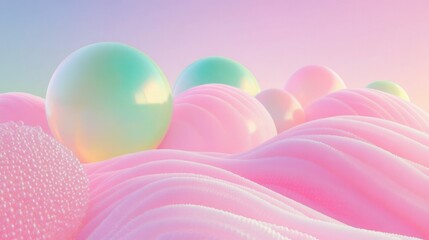 Modern Psychedelic Dreamy landscape in Y2K style. Banner in fantasy style with copy space. Gradient sky and clouds in pastel shades. 3D render