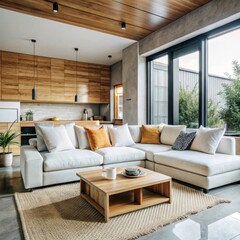 A modern and minimalist living room with an open-concept design.