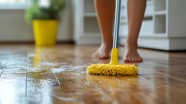 A person cleaning a wooden floor with a yellow mop.