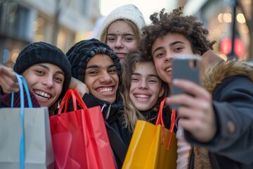 Fototapeta premium Group of teenagers taking a selfie with shopping bags on a festive day