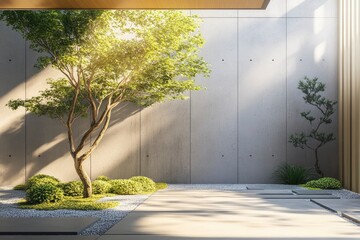 Obraz premium Modern home interior design with zen garden. Luxury house with empty concrete wall with sun light, green tree and outdoor plants , ai