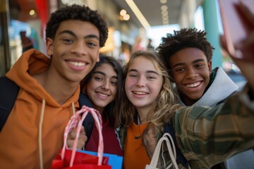 Fototapeta premium Group of diverse teenagers posing for a selfie with shopping bags