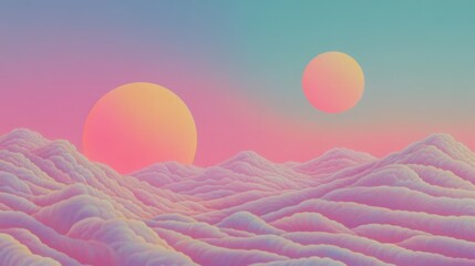 Modern Psychedelic Dreamy landscape in Y2K style. Banner in fantasy style with copy space. Gradient sky and clouds in pastel shades. 3D render