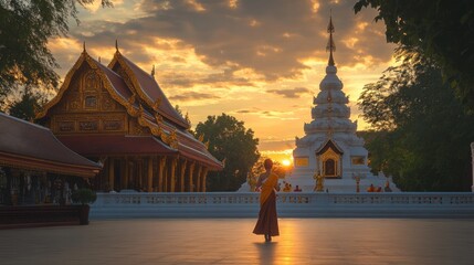 A woman in a red sari stands in front of a temple