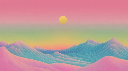 Modern Psychedelic Dreamy landscape in Y2K style. Banner in fantasy style with copy space. Gradient sky and clouds in pastel shades. 3D render