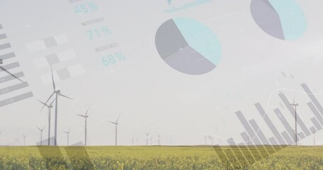 Wind turbines in field with pie charts and graphs, renewable energy data analysis animation - Powered by Adobe