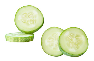 Front view set of fresh green cucumber slices in circle shape in stack isolated with clipping path in png file format