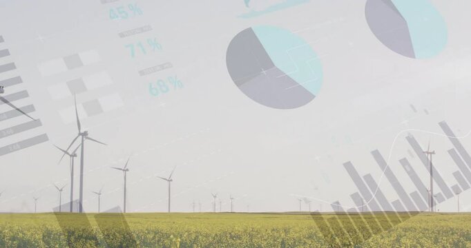 Wind turbines in field with pie charts and graphs, renewable energy data analysis animation