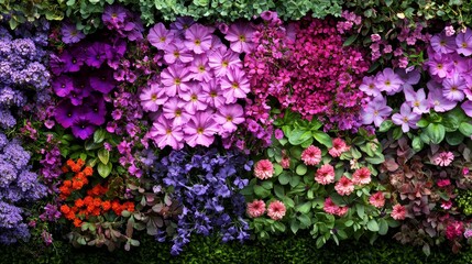 Obraz premium Symmetry in Color Patterns for Vertical Flower Gardens, Analyze how using symmetrical color schemes for flowers, such as alternating bright and neutral tones.