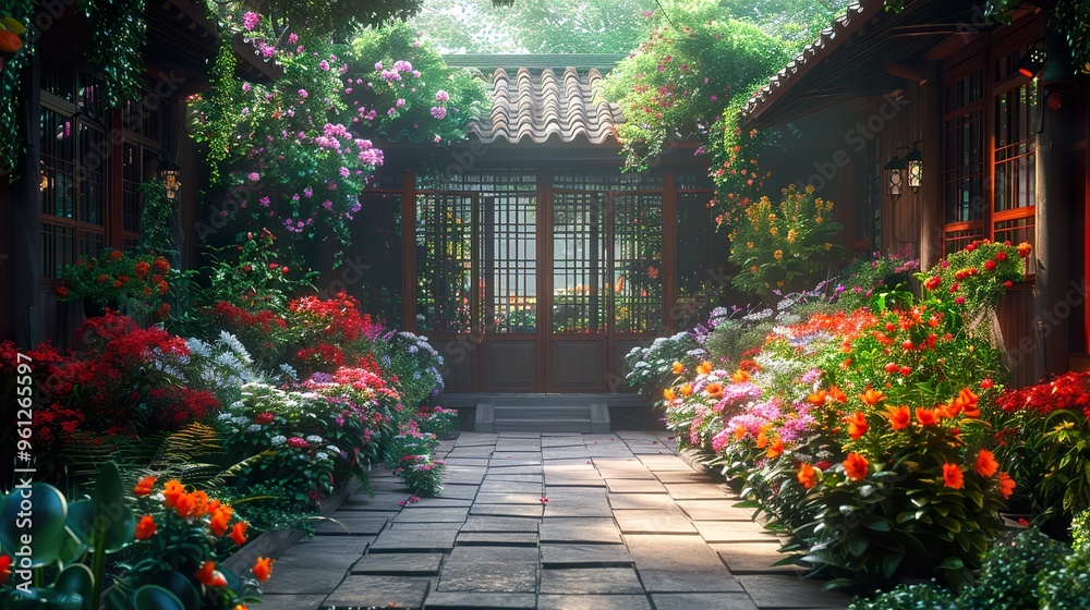 Wall mural A serene and vibrant courtyard with blooming flowers, a stone pathway, and a traditional wooden door.