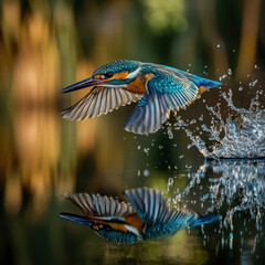 Obraz premium Hunting kingfisher against a backdrop of water. AI generative.