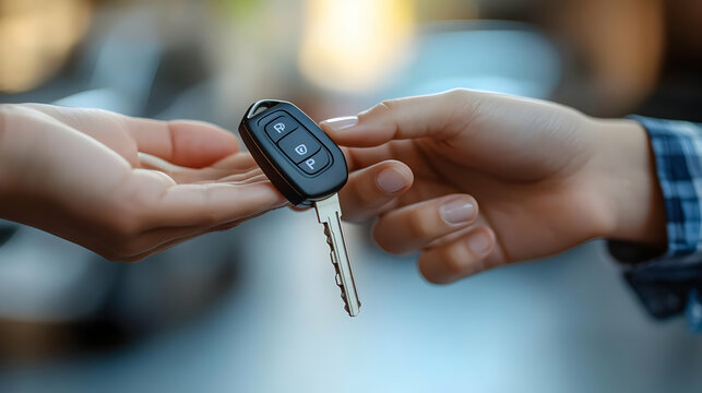A person handing over a car key to another individual.