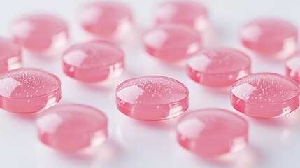 Pink candy with white dots on a white background. The photo is perfect for advertising products related to sweetness and flavor.