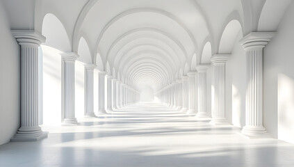 Fototapeta premium This image showcases a stunning white Gothic hall bathed in natural light, featuring soaring arches and tall columns that evoke a sense of grandeur and tranquility. 
