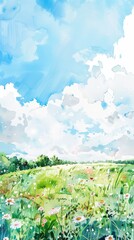 Obraz premium A field with blue sky, green grass, and flowers, light watercolor, bright, dreamy