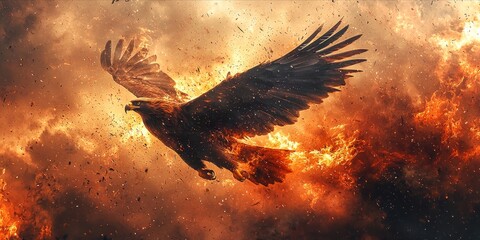 Obraz premium Majestic Eagle Soaring Through Fiery Skies Amidst Burning Embers