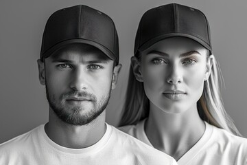 Black and White Portrait of a Man and a Woman Wearing Caps
