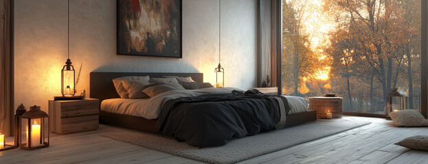 3D rendering of interior design, bedroom with white painted wooden floor and walls, large bed in the center of the room with a black frame