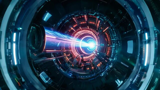 Futuristic toroidal reactor releases pulsating plasma in orbital station. Radiant energy particles drift in zero-gravity, creating a mesmerizing light show against the dark backdrop of space.	
