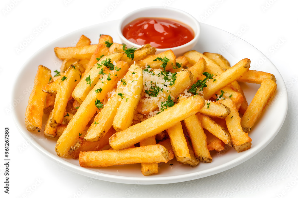 Canvas Prints garlic parmesean french fries on white plate, isolated on white background