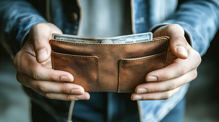 A person holding a brown wallet with cash inside.