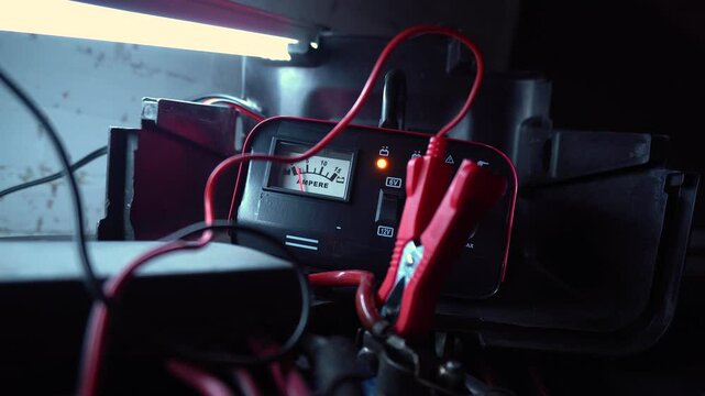 red new car battery charger with ammeter and terminals for 6 volts and 12 volts