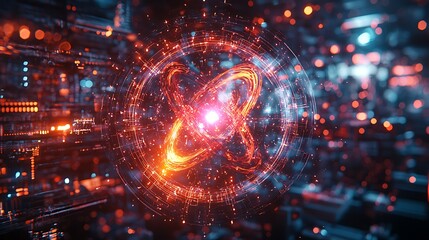 A technology sphere glows with intricate lines, set against a bokeh background of abstract light.