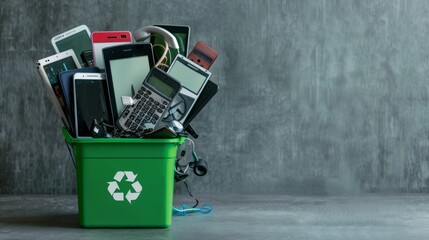 A green recycling bin filled with old electronic devices. This image represents waste management and environmental awareness. Perfect for campaigns promoting recycling. AI