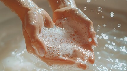 Fototapeta premium A detailed view of hands washing with soap and water, capturing a simple act of care.