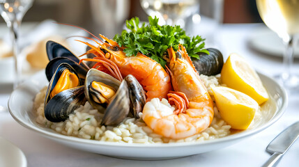 Elegant presentation of a seafood risotto with prawns, clams, and mussels, garnished with parsley and lemon wedges, set on a white tablecloth with wine glasses in the background