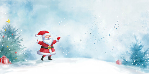 Fototapeta premium Beautiful New Year's illustration, Santa Claus on the left drawn in watercolor, against the backdrop of a winter landscape. concept of an advertising banner for the New Year 2025.