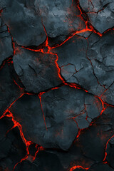 brutal background in black tones, fiery lava cracks against the background of black stone texture, wallpaper for mobile phone