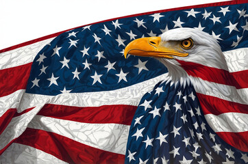 Illustration of a bald eagle superimposed over the United States flag, symbolizing patriotism, freedom, and American values, perfect for national celebrations and patriotic designs
