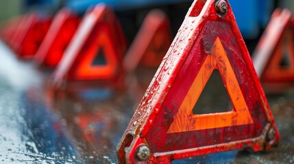 Caution traffic signs on the road with ample copy space for text or design integration