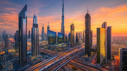 A train is traveling down a track in a city with a beautiful sunset in the background