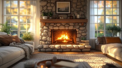 Cozy Coastal Living Room with Stone Fireplace