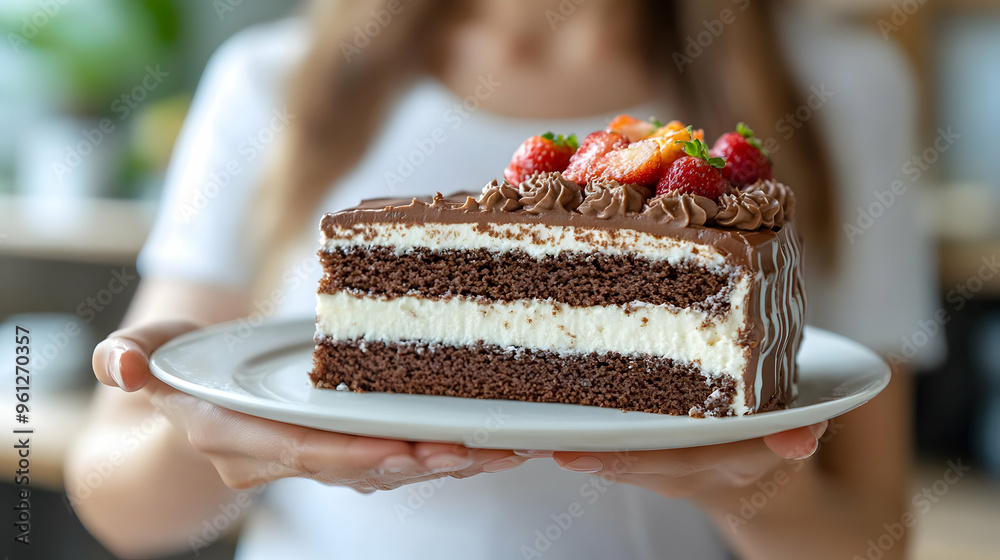 Wall mural A person holding a slice of chocolate cake with strawberries.