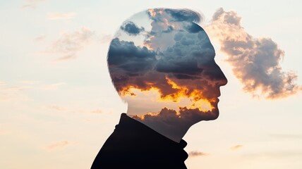 Fototapeta premium A conceptual portrait showcasing a silhouette filled with a beautiful cloud landscape, symbolizing imagination and introspection.