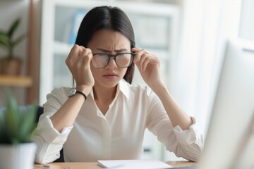 Tired office worker struggling with dizziness while sitting at her desk during a long workday, experiencing discomfort and fatigue