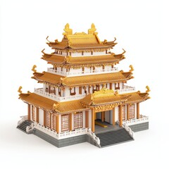 3D Render of a Chinese palace with sweeping roofs and golden details, on isolated white background