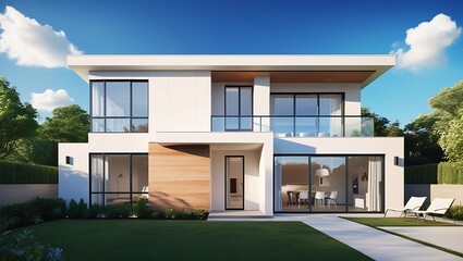 Modern Luxury Home Exterior with Spacious Lawn, Wooden Accents, and Clear Blue Sky - Ideal for Real Estate and Architectural Design Projects