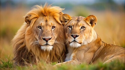 Obraz premium African lion pair cuddling in the wild panoramic scene