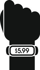 Hand wearing smartwatch showing price for online shopping icon in simple style on white background