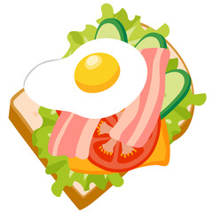 ベーコンと目玉焼きのオープンサンドイッチのベクターイラストレーション