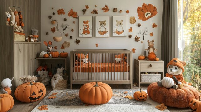 Autumn themed nursery with pumpkin decor and woodland animal plush toys featuring wooden crib and leaves on the wall