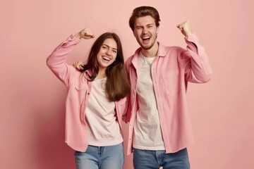 Fototapeta premium Happy young couple celebrating friendship with fist bumps in casual attire against a light beige background