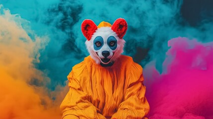 Person wearing a colorful panda fursuit is posing in a studio during a halloween party with...